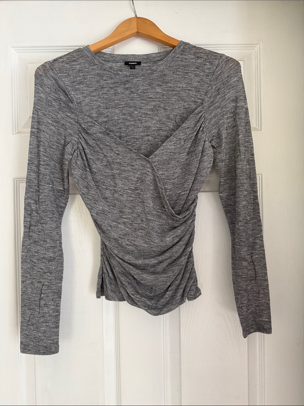 Express Gray Ruched Wrap-Front Long Sleeve Top